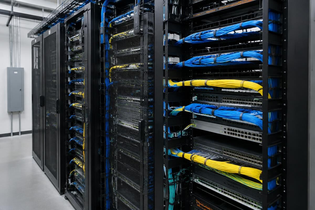 Bastidores de telecomunicações num edifício comercial