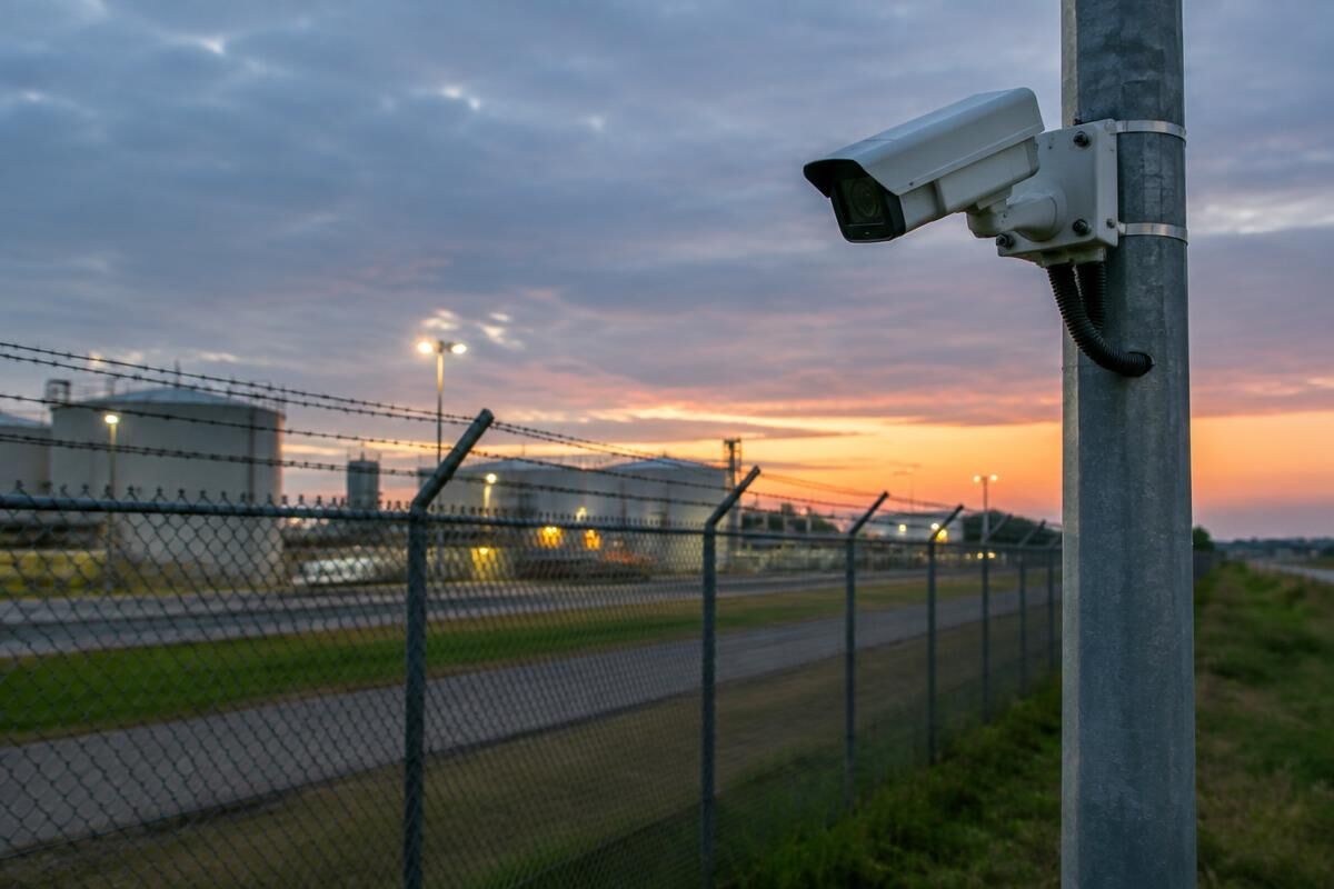 Câmara de videovigilância a vigiar o perímetro de uma instalação
